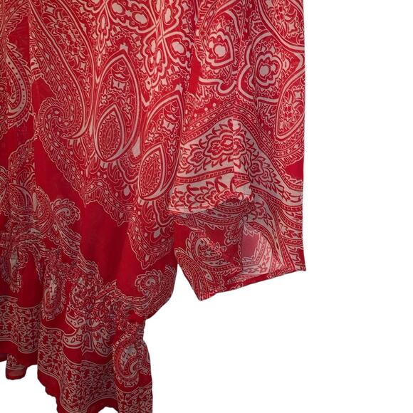 Chico’s Red Paisley Sheer Blouse Kimono Sleeve Cinched Waist size small - Picture 4 of 6